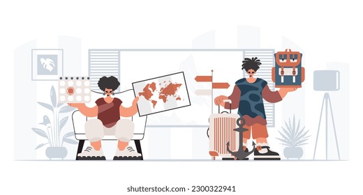 The person and the flooding lady are going on a trip. The concept of rest and travel. Trendy style, Vector Illustration