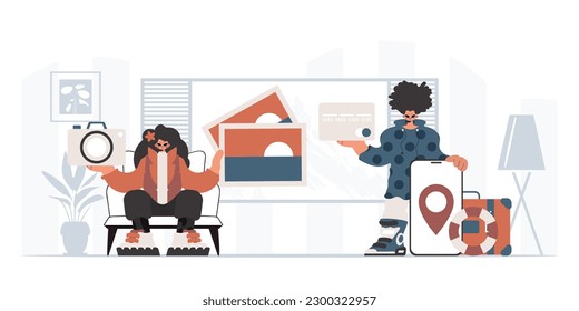 The person and the flooding lady are going on a trip. The concept of rest and travel. Trendy style, Vector Illustration
