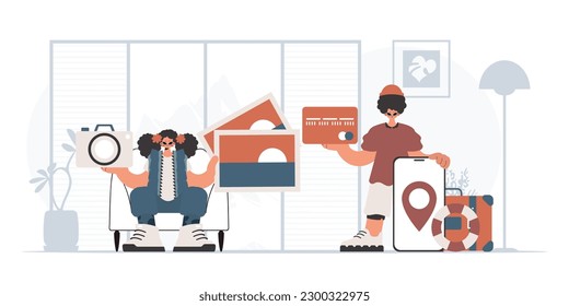 The person and the flooding lady are going on a trip. The concept of rest and travel. Trendy style, Vector Illustration