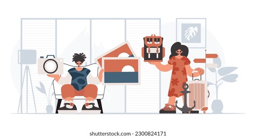 The person and the flooding lady are going on a trip. The concept of rest and travel. Trendy style, Vector Illustration