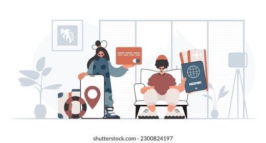 The person and the flooding lady are going on a trip. The concept of rest and travel. Trendy style, Vector Illustration