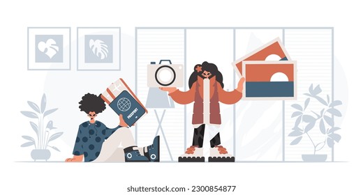 The person and the flooding lady are going on a trip. The concept of rest and travel. Trendy style, Vector Illustration