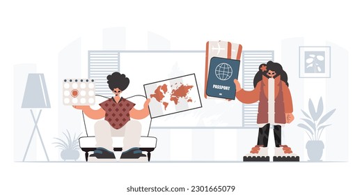 The person and the flooding lady are going on a trip. The concept of rest and travel. Trendy style, Vector Illustration