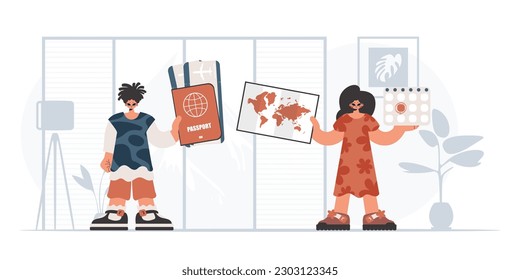 The person and the flooding lady are going on a trip. The concept of rest and travel. Trendy style, Vector Illustration