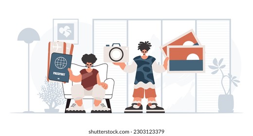 The person and the flooding lady are going on a trip. The concept of rest and travel. Trendy style, Vector Illustration