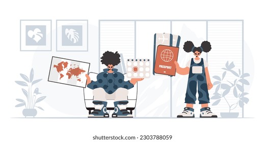 The person and the flooding lady are going on a trip. The concept of rest and travel. Trendy style, Vector Illustration