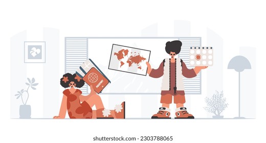 The person and the flooding lady are going on a trip. The concept of rest and travel. Trendy style, Vector Illustration