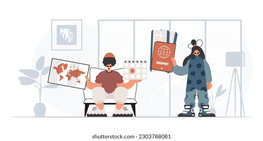 The person and the flooding lady are going on a trip. The concept of rest and travel. Trendy style, Vector Illustration