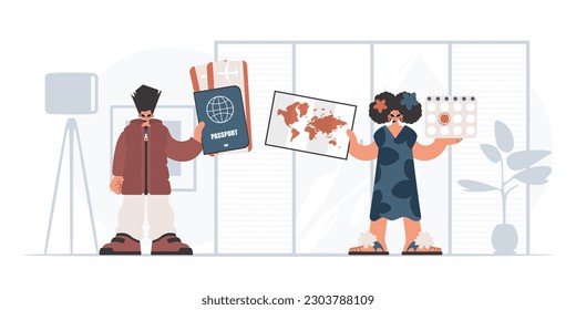 The person and the flooding lady are going on a trip. The concept of rest and travel. Trendy style, Vector Illustration