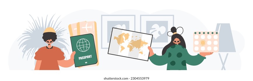 The person and the flooding lady are going on a trip. The concept of rest and travel. Trendy style, Vector Illustration