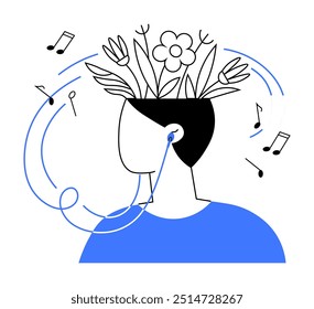 Eine Person mit einem floralen Kopfstück hört Musik über Kopfhörer mit musikalischen Noten, die sie umgeben. Ideal für Achtsamkeit, Entspannung, Kreativität, Natur und Wellness-Themen. Minimalistischer Vektor