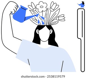 Person with flowers blooming from head is watering them with a blue watering can, symbolizing growth and nurturing. Ideal for mental health, self-improvement, mindfulness, personal growth