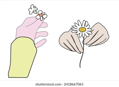 Person with flowers bouquet enjoy summer plant. Flat vector illustration, cartoon style. Close up of hand holding daisies congratulate with birthday or anniversary. Happy valentine's day. Icon , prin