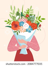 Person with flowers. Character covers his face with large bouquet, nature and love for plants, floristry. Gift to beloved wife or girlfriend, holidays, present. Cartoon flat vector illustration