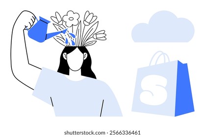 Person with flowers growing from head while pouring water. Blue cloud and shopping bag nearby. Ideal for mental health, self-care, growth, creativity, and online shopping themes. Minimalist style