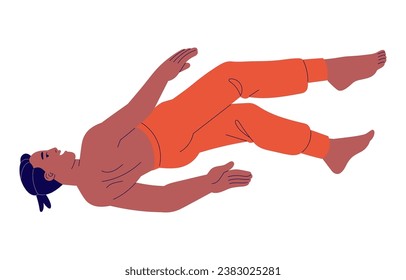 Person fly in dream. Young man floating in imagination, boy falling in weightlessness, back view. People in zero gravity. Free flight in air. Flat isolated vector illustration on white background.