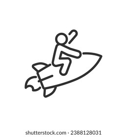 Person flying from above on a rocket, linear icon. Up into the sky. Dream and inspiration. Line with editable stroke