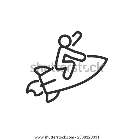 Person flying from above on a rocket, linear icon. Up into the sky. Dream and inspiration. Line with editable stroke