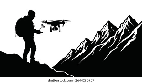 A person flying a camera drone over a scenic mountain.jpg	Person Flying Camera Drone Over Scenic Mountain Landscape View	A person skillfully operates a camera drone, capturing breathtaking aerial foot