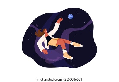 Person flying in cosmos, exploring universe. Woman floating in space, galaxy, traveling among planets, stars. Astronomy tourist, explorer concept. Flat vector illustration isolated on white background