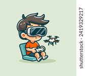  A person is flying a drone with FPV goggles and remote control while sitting on a portable sofa isolated cute vector illustration