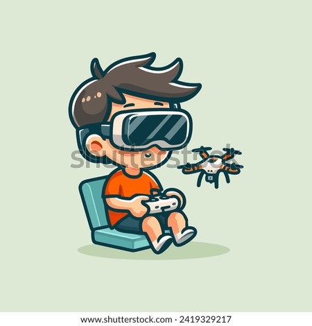  A person is flying a drone with FPV goggles and remote control while sitting on a portable sofa isolated cute vector illustration Stock photo © 