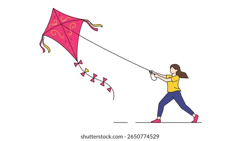 A person flying a large red diamond shaped kite on a windy day
