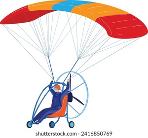 Person flying on a powered paraglider with a colorful wing. Adventure sports and recreational aerial activity vector illustration.