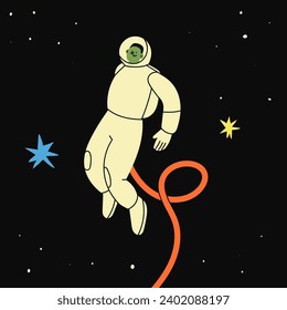 Person flying in outer Space. Colorful white suit. Astronaut or spaceman. Cute character. Cartoon flat style. Hand drawn Vector illustration. Isolated design element. Exploration, discovery concept 