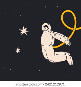 Persona volando en el espacio ultraterrestre. Espacios blancos. Astronauta o espacial. Carácter lindo. Caricatura de estilo plano. Ilustración de vectores dibujada a mano. Elemento de diseño aislado. Exploración, concepto de descubrimiento 