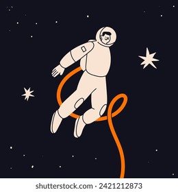 Persona volando en el espacio ultraterrestre. Espacios blancos. Astronauta o espacial. Carácter lindo. Caricatura de estilo plano. Ilustración de vectores dibujada a mano. Elemento de diseño aislado. Exploración, concepto de descubrimiento 