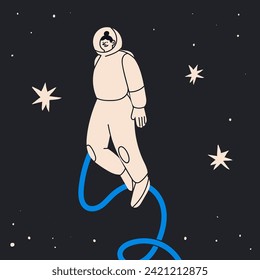 Person flying in outer Space. White spacesuit. Astronaut or spaceman. Cute character. Cartoon flat style. Hand drawn Vector illustration. Isolated design element. Exploration, discovery concept 