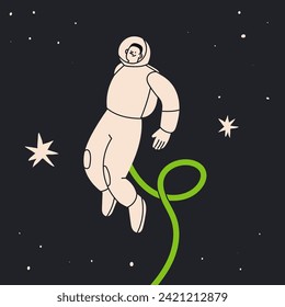 Persona volando en el espacio ultraterrestre. Espacios blancos. Astronauta o espacial. Carácter lindo. Caricatura de estilo plano. Ilustración de vectores dibujada a mano. Elemento de diseño aislado. Exploración, concepto de descubrimiento 