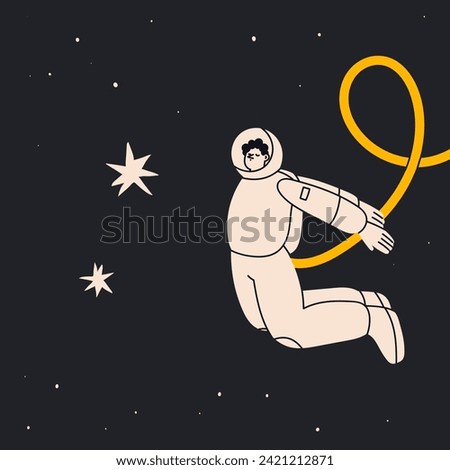 Person flying in outer Space. White spacesuit. Astronaut or spaceman. Cute character. Cartoon flat style. Hand drawn Vector illustration. Isolated design element. Exploration, discovery concept 