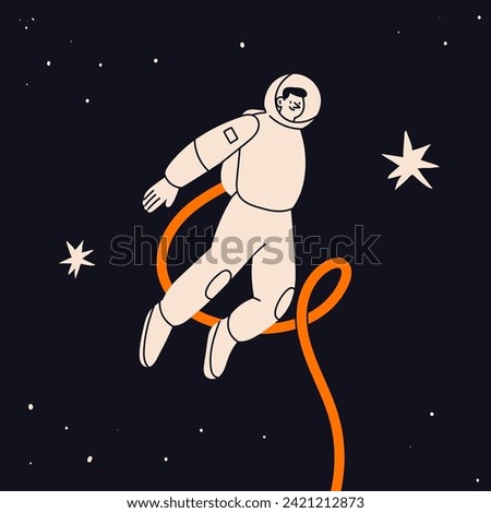 Person flying in outer Space. White spacesuit. Astronaut or spaceman. Cute character. Cartoon flat style. Hand drawn Vector illustration. Isolated design element. Exploration, discovery concept 