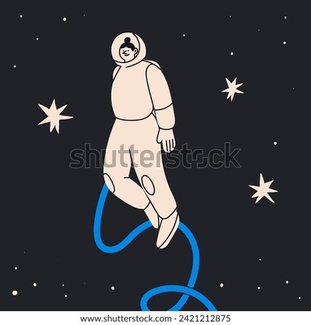 Person flying in outer Space. White spacesuit. Astronaut or spaceman. Cute character. Cartoon flat style. Hand drawn Vector illustration. Isolated design element. Exploration, discovery concept 