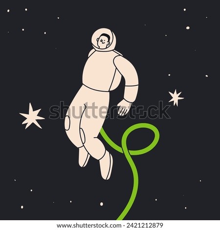 Person flying in outer Space. White spacesuit. Astronaut or spaceman. Cute character. Cartoon flat style. Hand drawn Vector illustration. Isolated design element. Exploration, discovery concept 