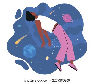 Person, die im Weltraum fliegt. Charaktere mit kreativem Denken, Fantasie und Fantasie. Junge lächelnde Menschen schweben im Universum oder in der Galaxie mit Planeten und Sternen. Cartoon, moderne, flache Vektorgrafik