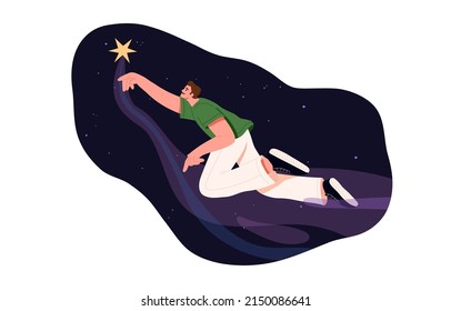 Person flying in space, finding star. Aspiration, inspiration concept. Inspired man achieving big dream, aim. Male floating in cosmos, universe. Flat vector illustration isolated on white background.