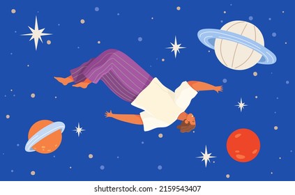 Person flying in space vector flat illustration. Man in cosmic space near planet with dream universe. Concept of facing with new and unknown. Flying person exploring space and discovering mysteries