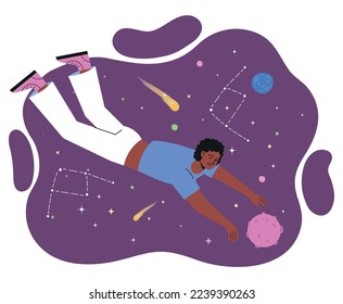 Persona volando en el espacio. Joven creativo flotando en el espacio exterior entre planetas y estrellas. Exploración de nuevos mundos, fantasía, imaginación y metaverso. Ilustración vectorial plana moderna de dibujos animados