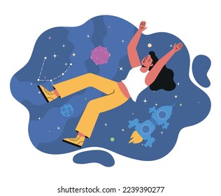 Person flying in space. Young smiling woman floats in universe or galaxy and explores planets and stars. Imagination, creative thinking or metaverse. Cartoon contemporary flat vector illustration