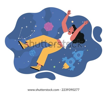 Person flying in space. Young smiling woman floats in universe or galaxy and explores planets and stars. Imagination, creative thinking or metaverse. Cartoon contemporary flat vector illustration