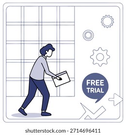 Persona con la carpeta que se acerca a la cuadrícula y Botón de Prueba libre con los iconos Palabras claves: persona, hombre, mujer, carpeta, documento, acercándose, cuadrícula, gráfico