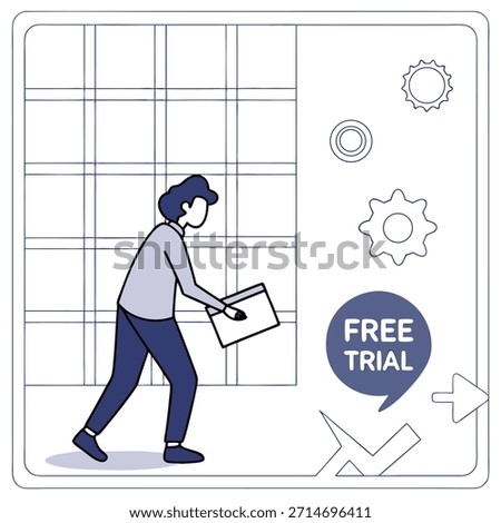 Person with Folder Approaching Grid and Free Trial Button with Icons Keywords: person, man, woman, folder, document, approaching, grid, chart