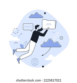 Persona con carpeta levitando entre las nubes. Concepto de tecnología para la información digital en línea o almacenamiento, descarga y carga de archivos, base de datos o archivo en Internet. Ilustración vectorial lineal moderna.