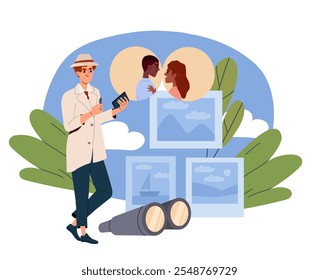 Person follows couple. Man with binoculars watching young guys and girl. Family detective and officer investigating. Spy and surveillance. Flat vector illustration isolated on white background