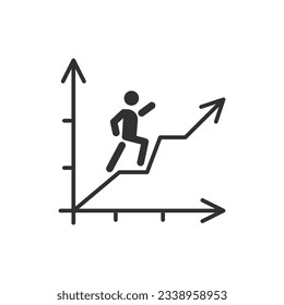 Person follows a growth chart upward. Success and growth. Monochrome black and white icon