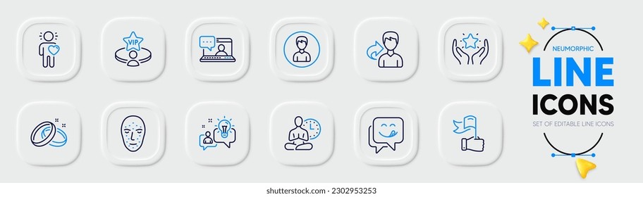 Person, Friends chat and Leadership line icons for web app. Pack of Face biometrics, Share, Wedding rings pictogram icons. Idea, Friend, Yummy smile signs. Ranking, Yoga, Vip table. Vector