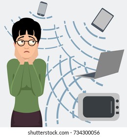 Person Frightened By Electromagnetic Radiation - Funny Vector Cartoon Illustration